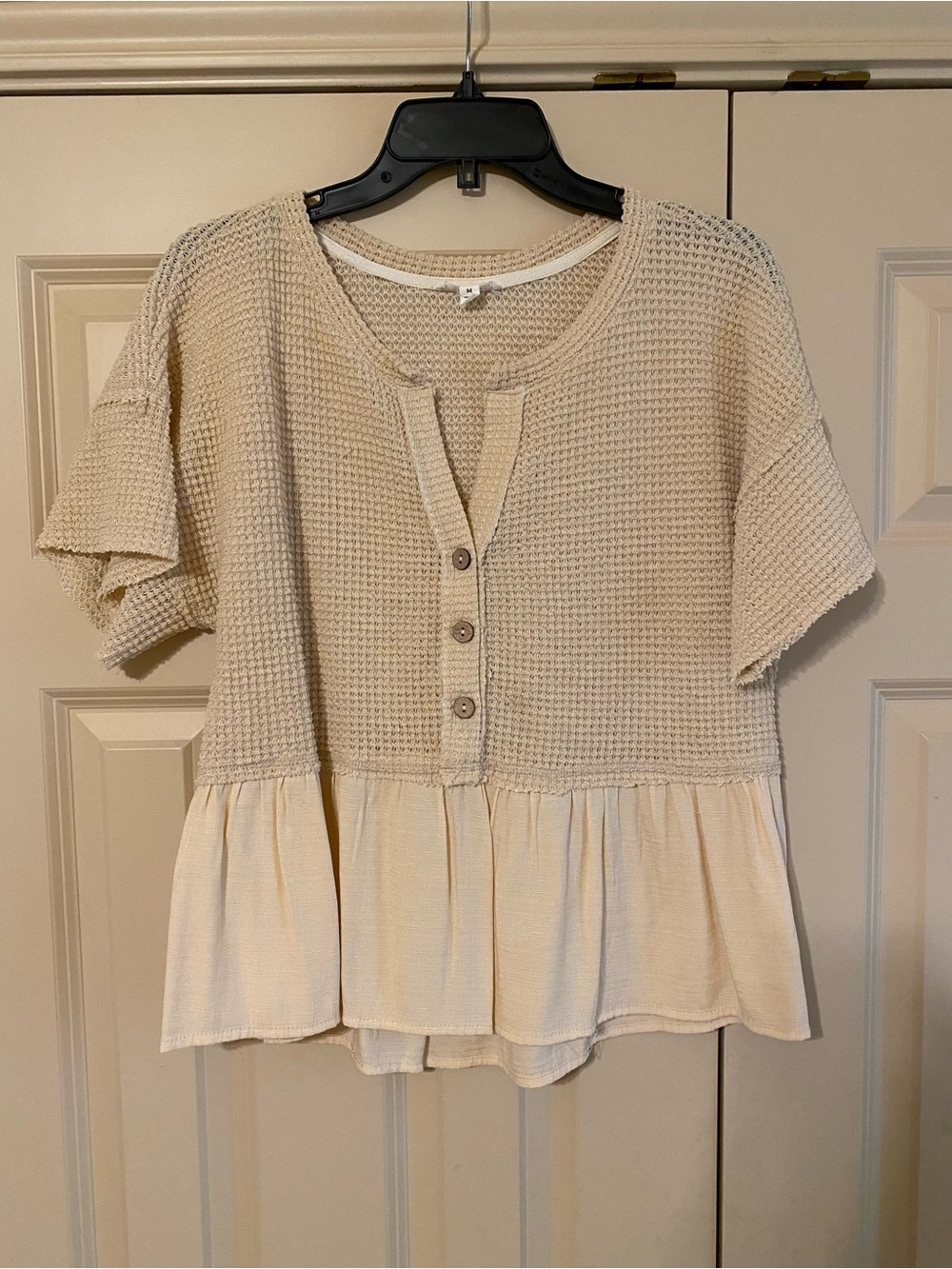 Blu Pepper Cream Waffle-Knit Button Peplum Top